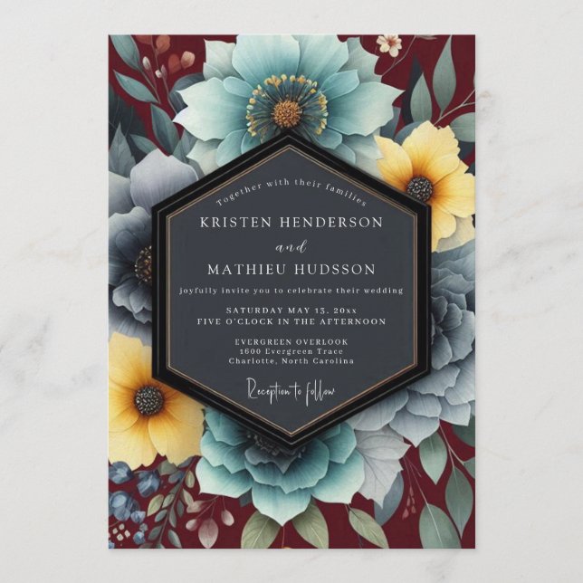 Teal & Ochre Bohemian Bloom Wedding Inbjudningar (Framsida)