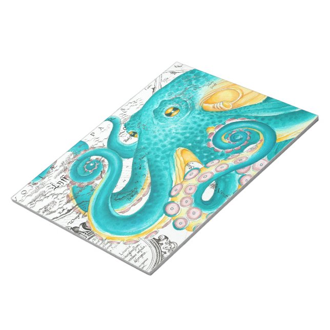 Teal Octopus Nautical Karta Watercolor Anteckningsblock (Vinklad)