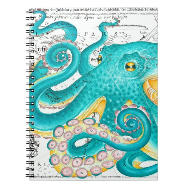 Teal Octopus Nautical Karta Watercolor Anteckningsbok (Framsidan)