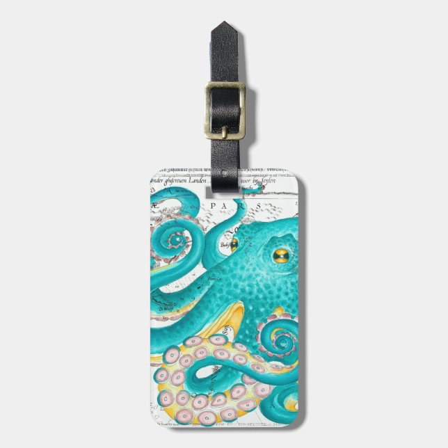 Teal Octopus Nautical Karta Watercolor Bagagebricka (Vertikal Framsida)