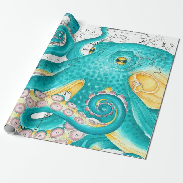 Teal Octopus Nautical Karta Watercolor Presentpapper (Utrullad)