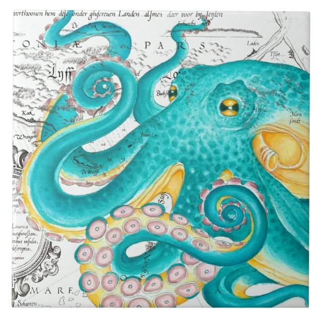 Teal Octopus Nautical Map Watercolor Kakelplatta (Framsidan)