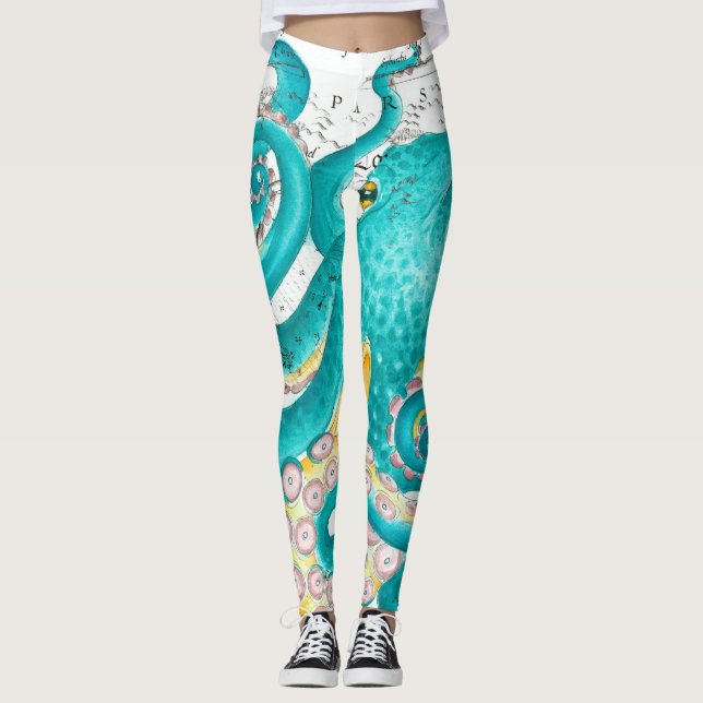 Teal Octopus Nautical Map Watercolor Leggings (Framsida)