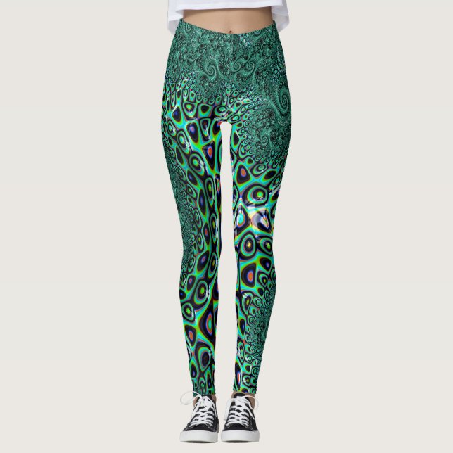 Teal Octopus Tentacles Steampunk Stil Fractal Art Leggings (Framsida)