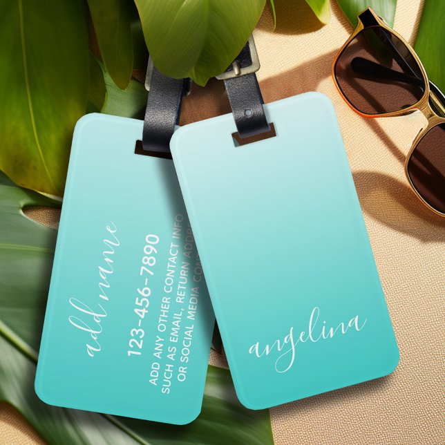 Teal Ombre Anpassningsbar Handskriftlig Namn CAN E Bagagebricka (Personalized luggage tag with monogram - contact info on back)