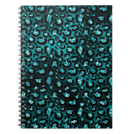 Teal Ombre & Black Glam Glitter Leopard Spots Anteckningsbok