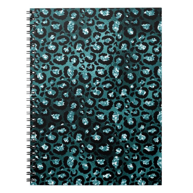 Teal Ombre & Black Glam Glitter Leopard Spots Anteckningsbok (Framsidan)