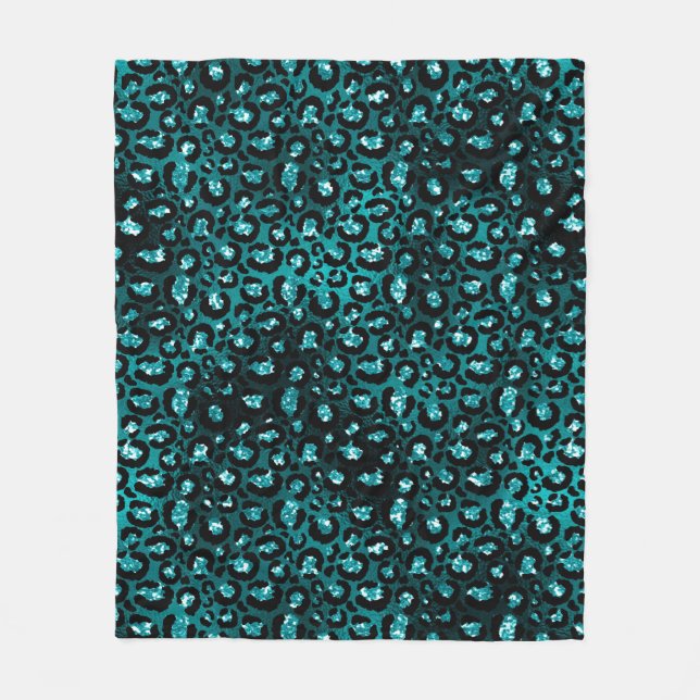 Teal Ombre & Black Glam Glitter Leopard Spots Fleecefilt (Framsidan)