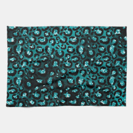 Teal Ombre & Black Glam Glitter Leopard Spots Kökshandduk