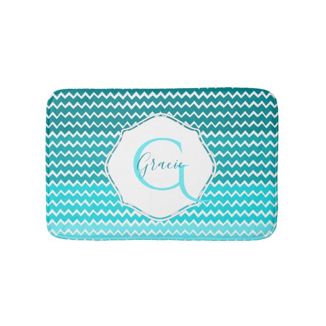 Teal Ombre Chevron Personlig Bath Mat Badrumsmatta (Framsidan)
