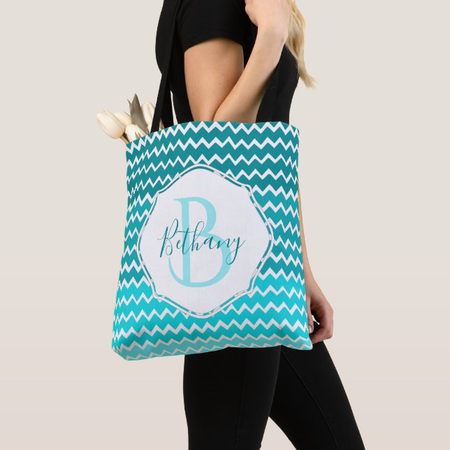 Teal Ombre Chevron Personlig Tote Bag Tygkasse (Närbild)
