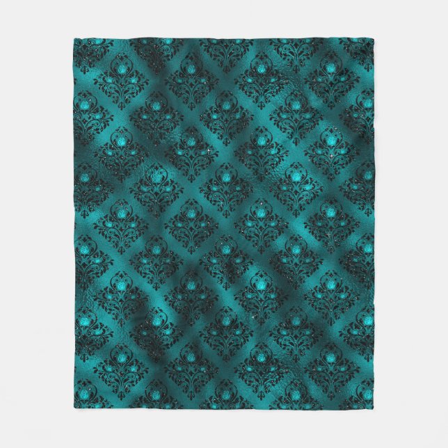 Teal Ombre Glam Glitter Damask Mönster Fleecefilt (Framsidan)