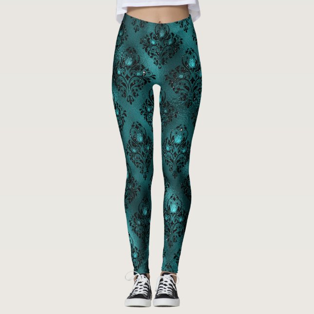 Teal Ombre Glam Glitter Damask Mönster Leggings (Framsida)