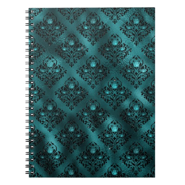 Teal Ombre Glam Glitter Damask Pattern Anteckningsbok (Framsidan)