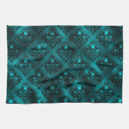 Teal Ombre Glam Glitter Damask Pattern Kökshandduk