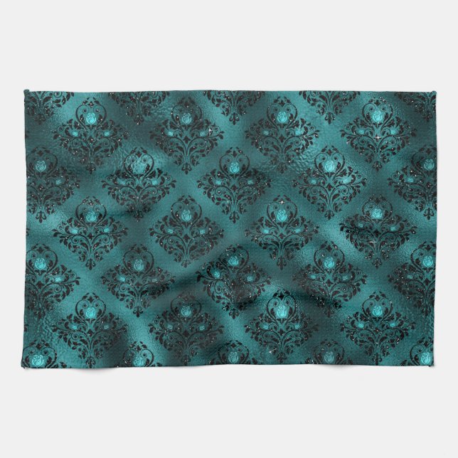 Teal Ombre Glam Glitter Damask Pattern Kökshandduk (Horisontell)
