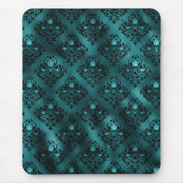 Teal Ombre Glam Glitter Damask Pattern Musmatta (Framsidan)