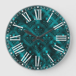 Teal Ombre Glam Glitter Damask Pattern Stor Klocka