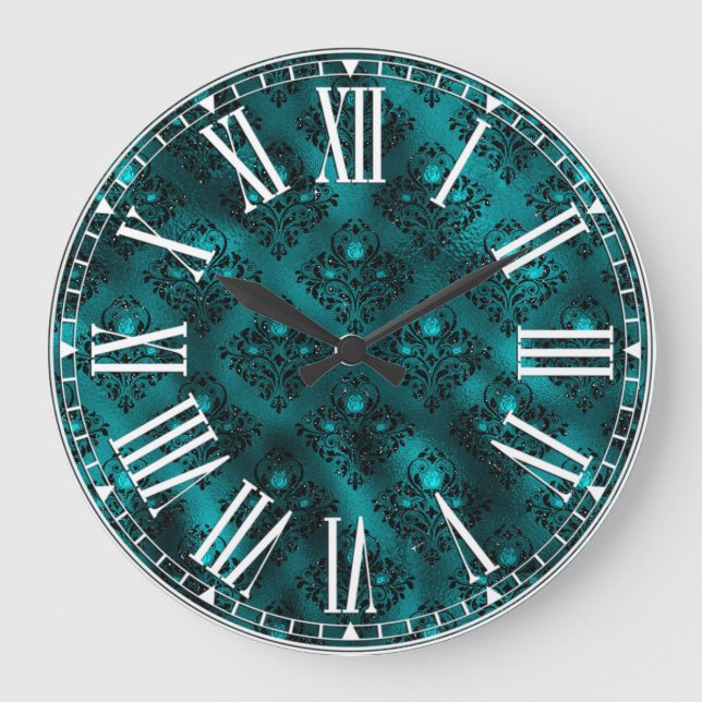 Teal Ombre Glam Glitter Damask Pattern Stor Klocka (Framsida)