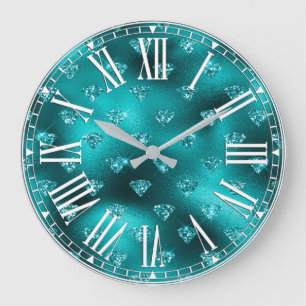 Teal Ombre Glam Glitter Diamantmönster Stor Klocka