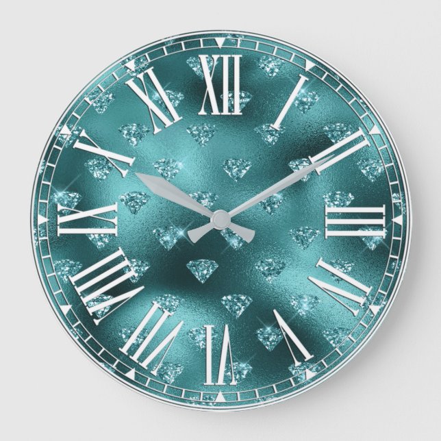 Teal Ombre Glam Glitter Diamantmönster Stor Klocka (Framsida)