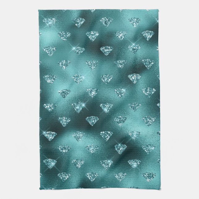 Teal Ombre Glam Glitter Diamonds Mönster Kökshandduk (Vertikal)