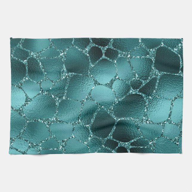 Teal Ombre Glam Glitter Giraffe Spots Mönster Kökshandduk (Horisontell)
