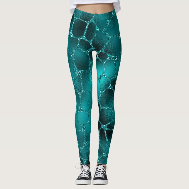Teal Ombre Glam Glitter Giraffe Spots Mönster Leggings (Framsida)