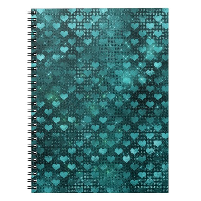Teal Ombre Glam Glitter Hearts Mönster Anteckningsbok (Framsidan)