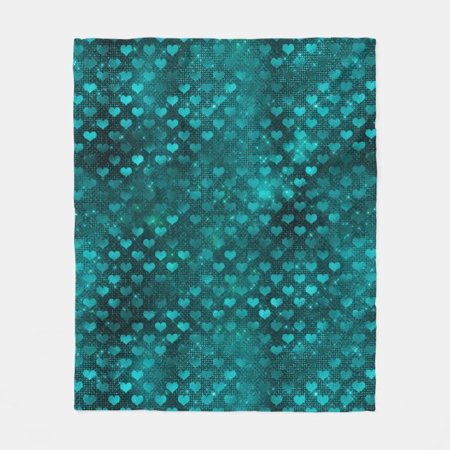 Teal Ombre Glam Glitter Hearts Mönster Fleecefilt (Framsidan)