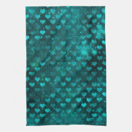 Teal Ombre Glam Glitter Hearts Mönster Kökshandduk