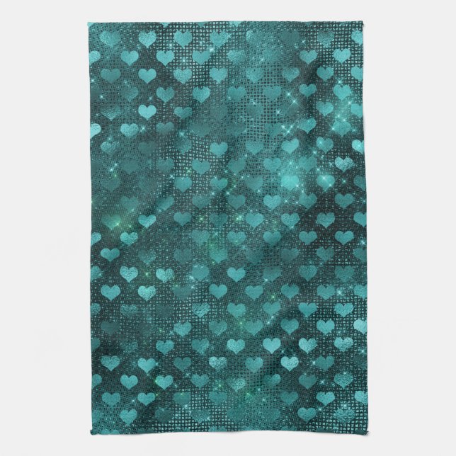 Teal Ombre Glam Glitter Hearts Mönster Kökshandduk (Vertikal)