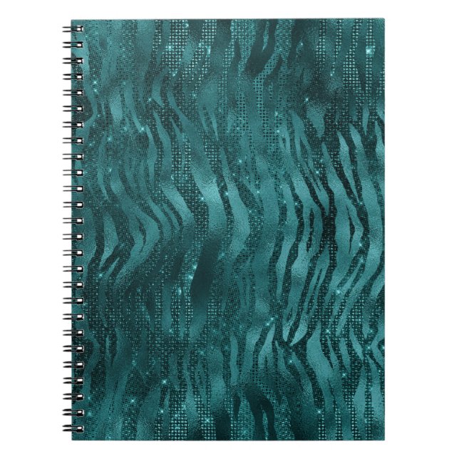 Teal Ombre Glam Glitter Tiger Rand Mönster Anteckningsbok (Framsidan)