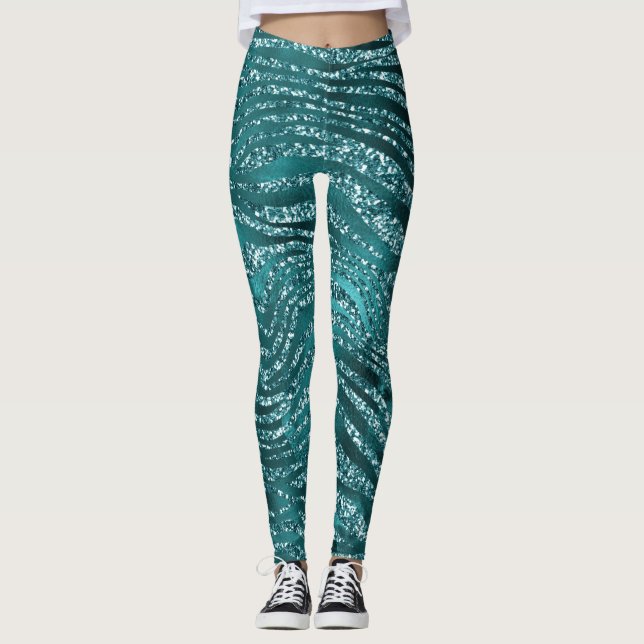 Teal Ombre Glam Glitter Tiger Rand Mönster Leggings (Framsida)