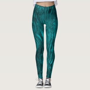 Teal Ombre Glam Glitter Tiger Rand Mönster Leggings