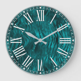 Teal Ombre Glam Glitter Tiger Rand Mönster Stor Klocka