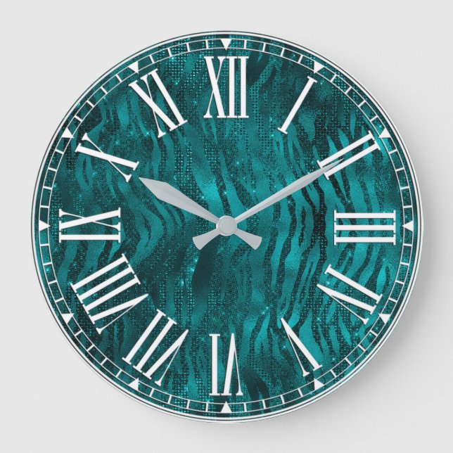 Teal Ombre Glam Glitter Tiger Rand Mönster Stor Klocka (Framsida)