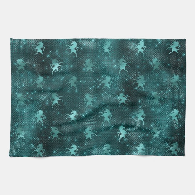 Teal Ombre Glam Glitter Unicorns Mönster Kökshandduk (Horisontell)