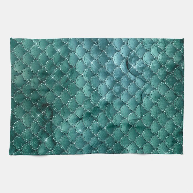 Teal Ombre Glam Sjöjungfru Scales Mönster Kökshandduk (Horisontell)