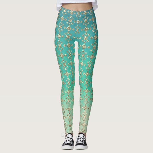 Teal Ombre & Shades of Grått, Geometric Tile Leggings (Framsida)
