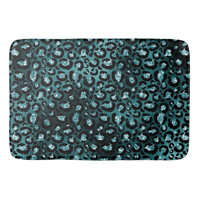 Teal Ombre & Svart Glam Glitter Leopardspräckar Badrumsmatta (Framsidan)