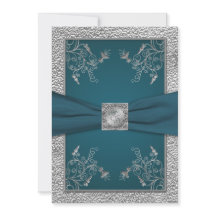 Teal on FAUX Pewter Monogram bröllopsinbjudan