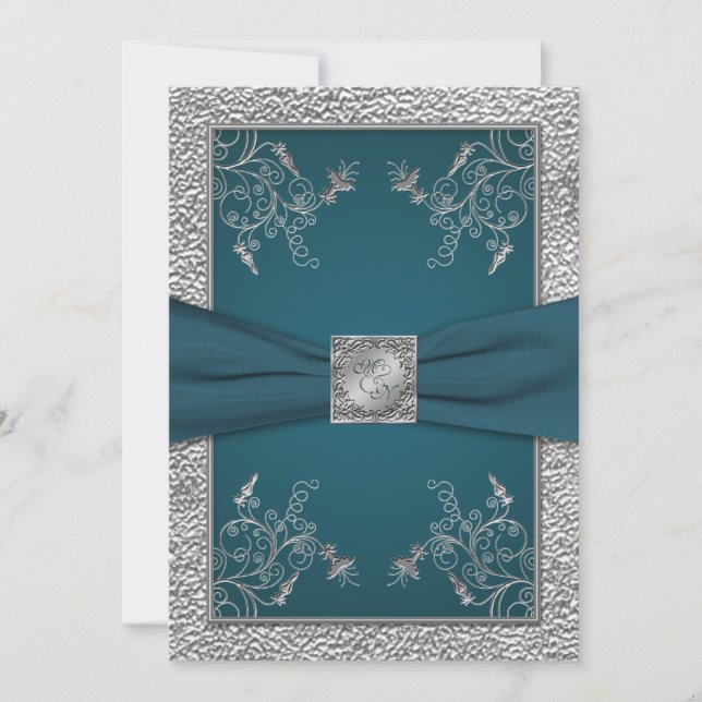 Teal on FAUX Pewter Monogram bröllopsinbjudan Inbjudningar (Framsida)