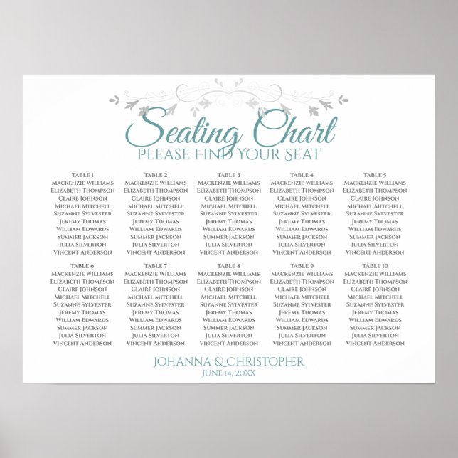 Teal on White 10 Bord Bröllop Seating Chart Poster (Framsidan)