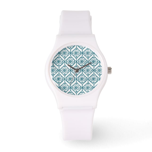 Teal on White Ethnic Mönster, Flowers, Chevrons Armbandsur (Framsida)