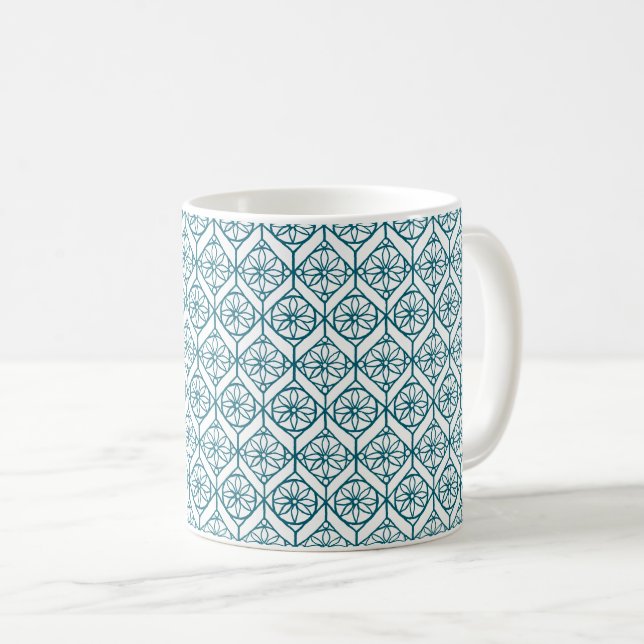 Teal on White Ethnic Mönster, Flowers, Chevrons Kaffemugg (Framsida höger)