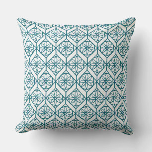 Teal on White Ethnic Mönster, Flowers, Chevrons Kudde