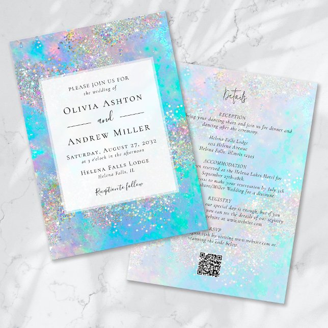 Teal Opal Stone Glitter alla i ett QR Bröllop Inbjudningar (Skapare uppladdad)