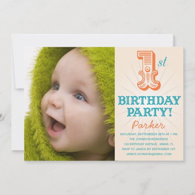 TEAL & ORANGE 1-ÅRING  | FÖDELSEDAGSINBJUDAN INBJUDNINGAR (Framsida)