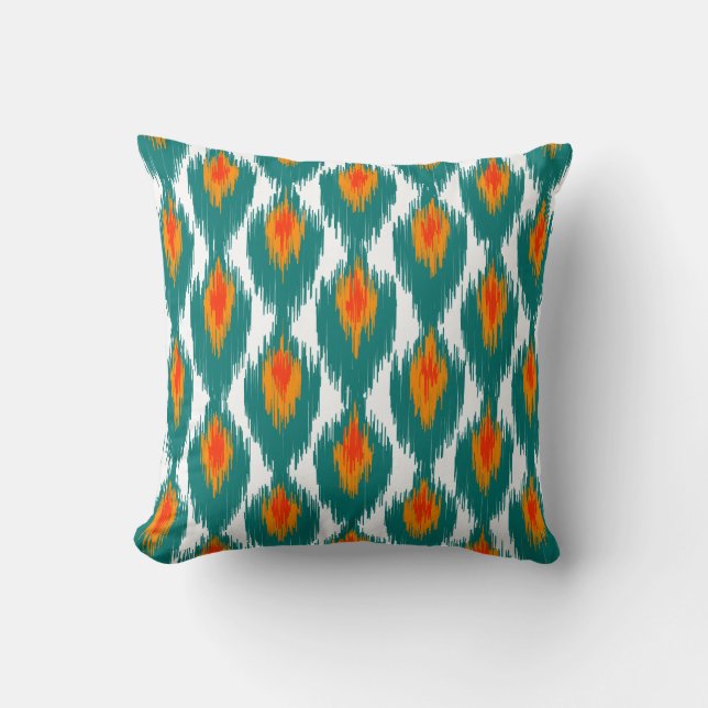 Teal Orange Abstrakt Tribal Ikat Diamond Mönster Kudde (Framsida)